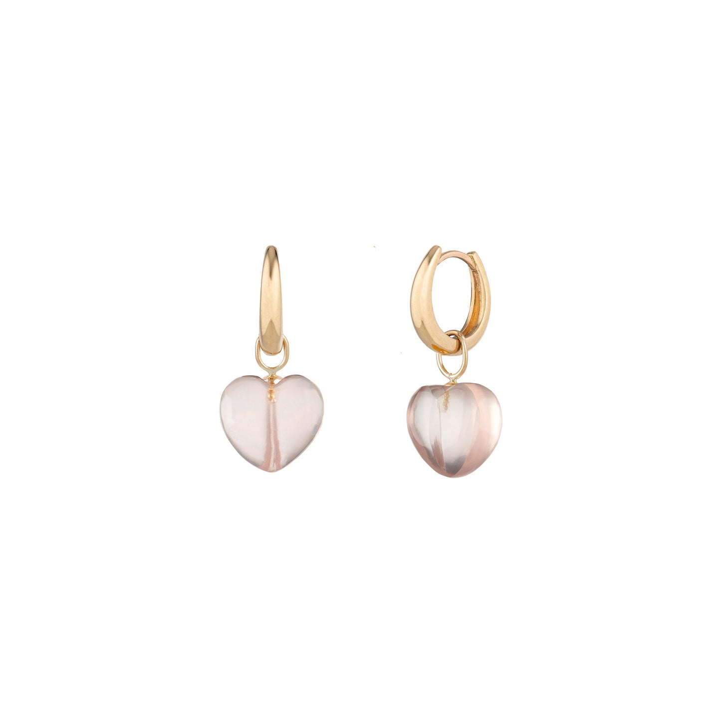 Hand carved heart charm earrings in 9kt yellow gold and rose quartz