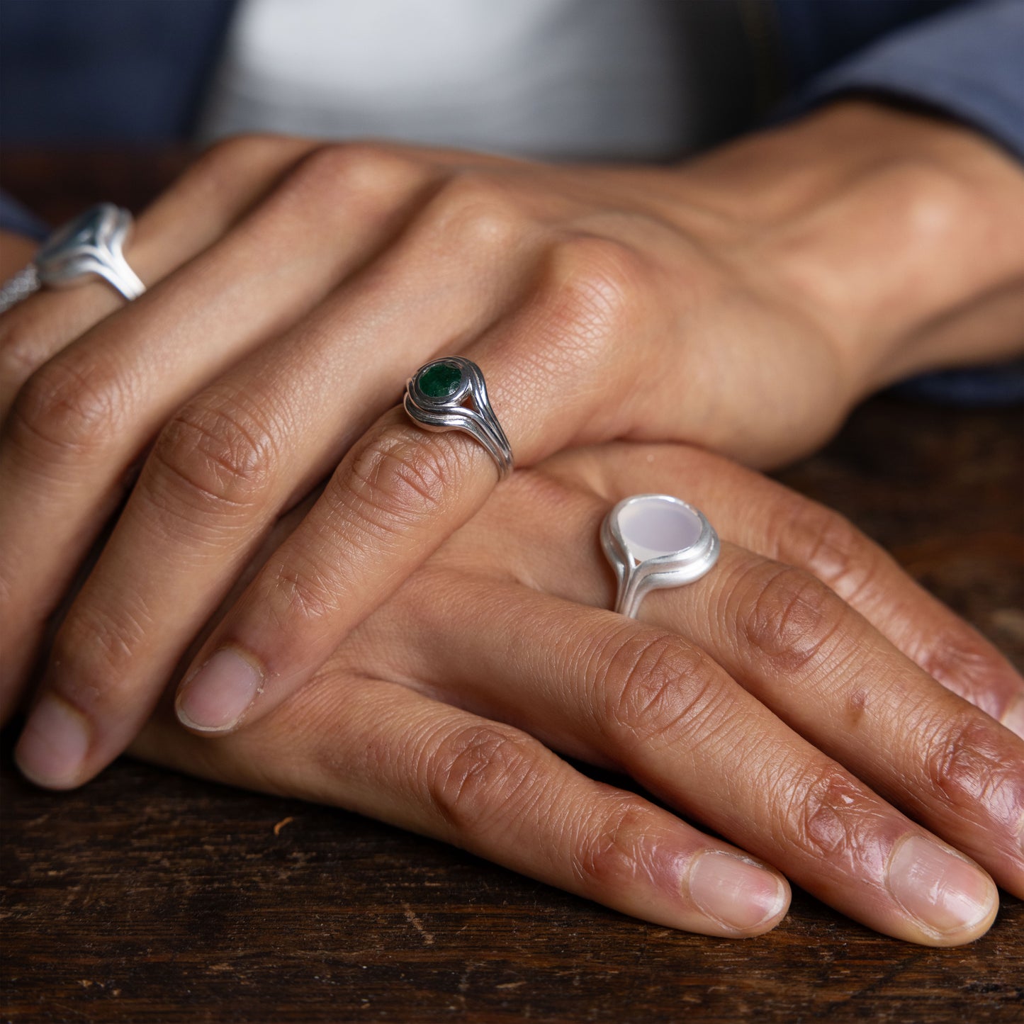 Parallel White Agate Signet Ring