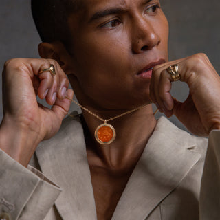 healing coin necklace, strength totem, pendant, genderless design, carnelian intaglio, intaglio carving